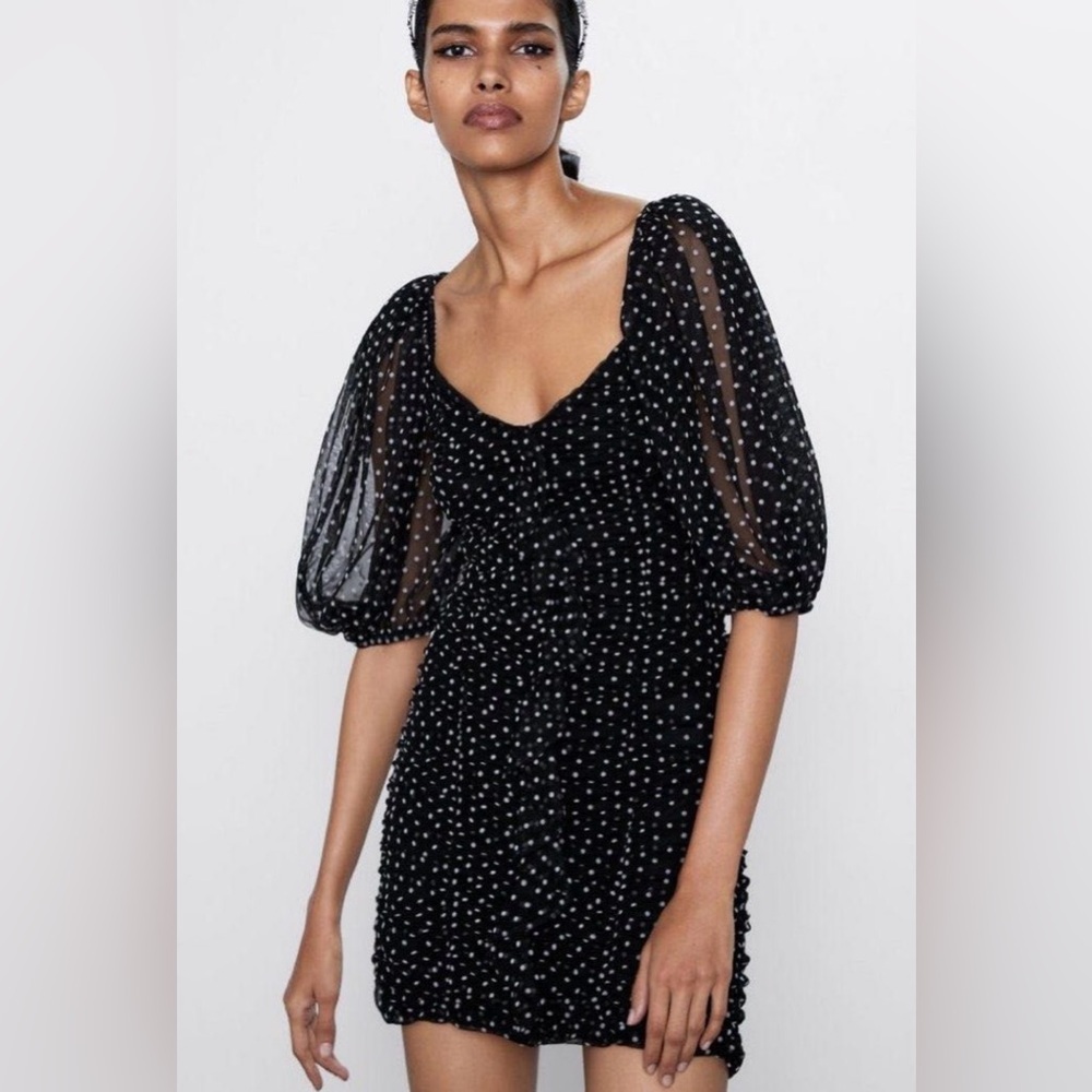 Zara Black and white polka dot Mini Dress sheer Sleeves Rouched Influencer fave